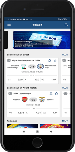 Capture d'écran mobile de la page d'accueil de 1xBet
