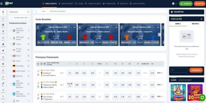Capture d'écran de la page sport 20Bet