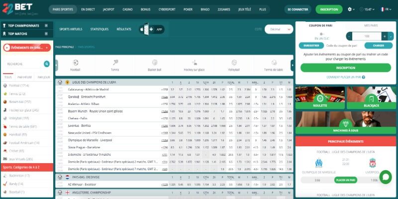 Capture d'écran de la page sport 22bet