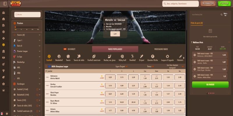 Capture d'écran de la page sport Stonevegas