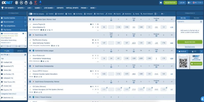 Capture d'écran de la page sport de 1xBet