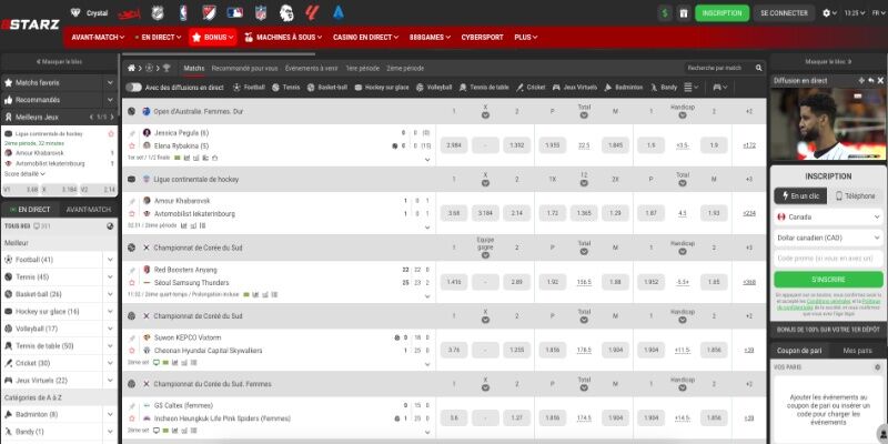 Capture d'écran de la page sportive de 888starz