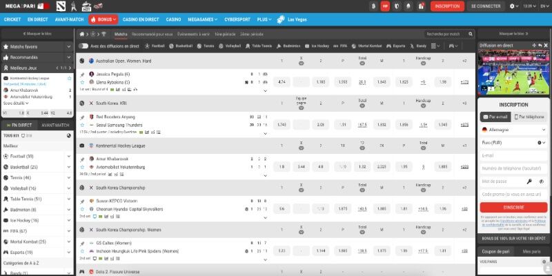 capture d'écran de la page sport Megapari
