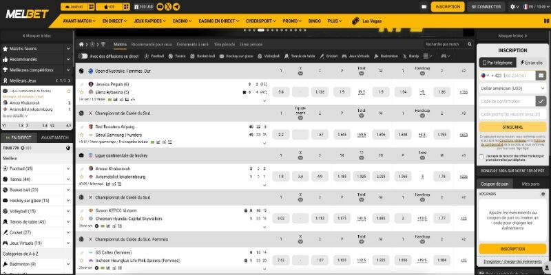 Capture d'écran de la page sportive de MelBet