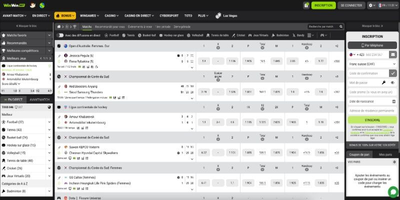 capture d'écran de la page sport WinWin
