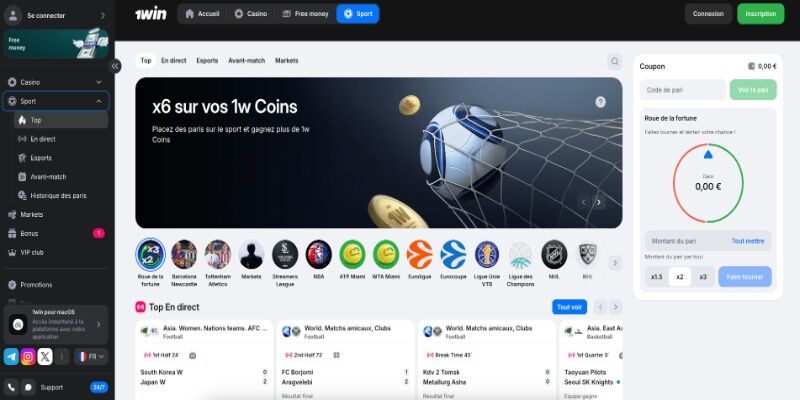 Capture d'écran de la page sportive du bookmaker 1win