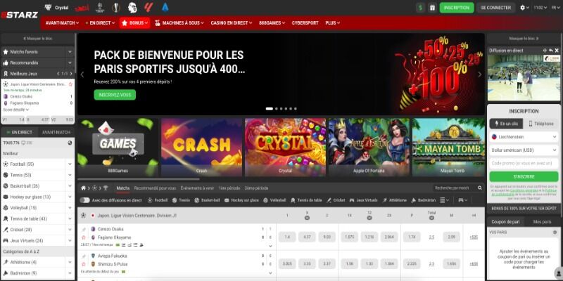 Capture d'écran de la page sportive du bookmaker 888starz