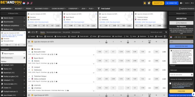 Capture d'écran de la page sportive du bookmaker BetAndYou