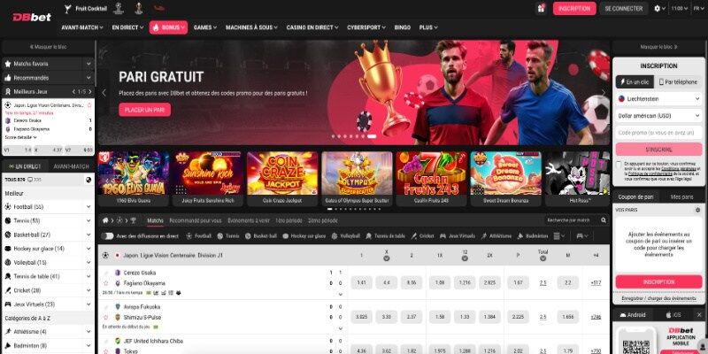 Capture d'écran de la page sportive du bookmaker DBbet