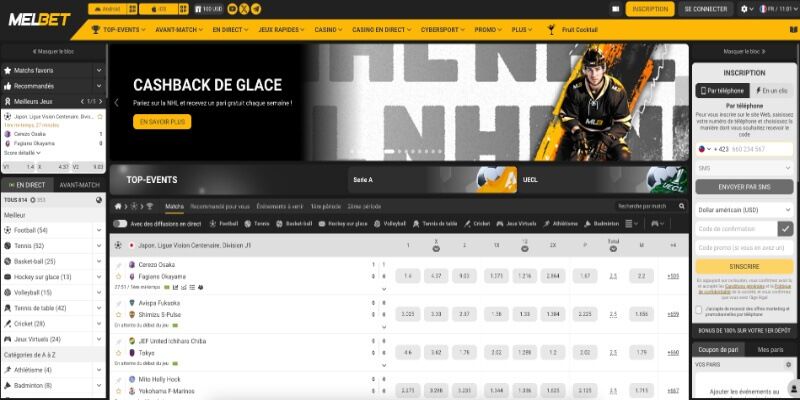 Capture d'écran de la page sportive du bookmaker MelBet