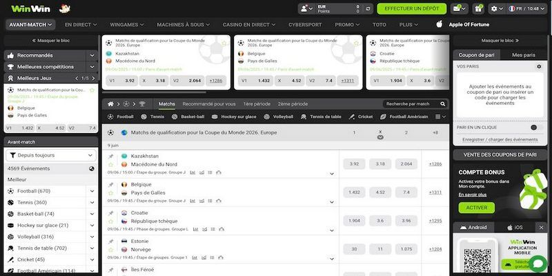 Capture d'écran de la page sportive du bookmaker WinWin