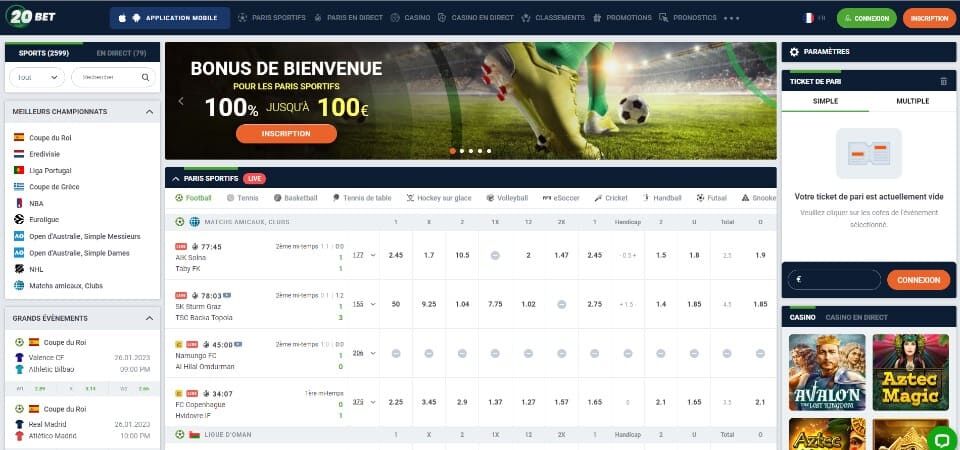 Capture d'écran de la page sportive du bookmaker 20bet