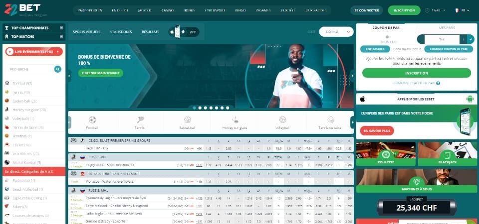 Capture d'écran de la page sportive du bookmaker 22bet