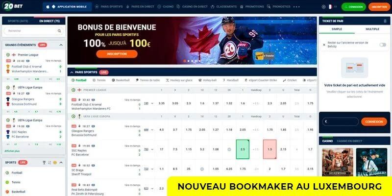 nouveau bookmaker 20bet Luxembourg page principale