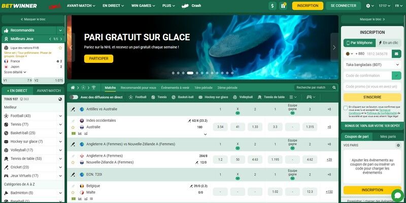 Capture d'écran de la page sportive du bookmaker Betwinner
