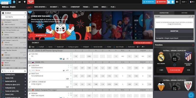 Capture d'écran de la page sportive du bookmaker Megapari
