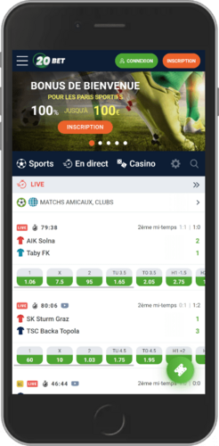 Capture d'écran mobile de la page principale du bookmaker 20bet