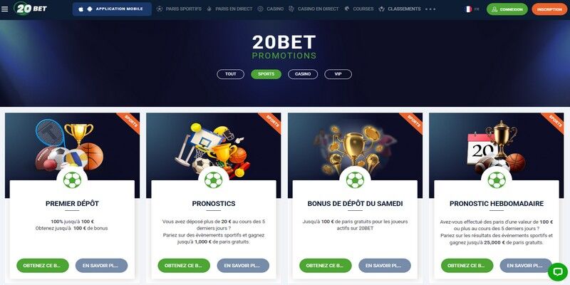 Capture d'écran de la page bonus du bookmaker 20bet