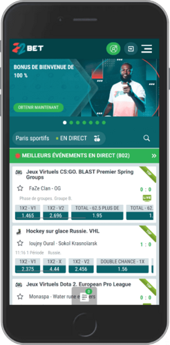 Capture d'écran mobile de la page principale du bookmaker 22bet