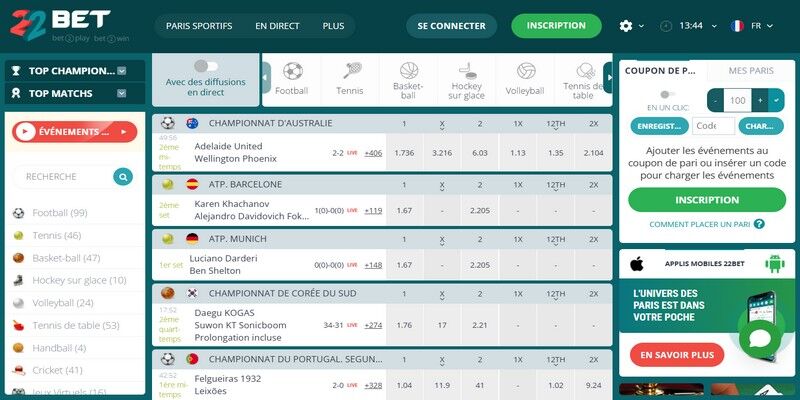 Capture d'écran de la page sportive du bookmaker 22Bet