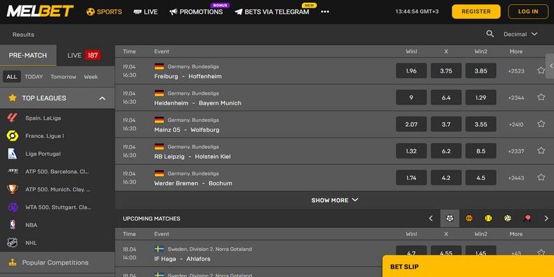 Capture d'écran de la page sportive du bookmaker Melbet