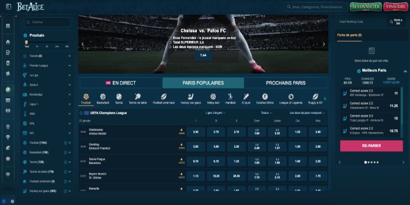 Capture d'écran de la page sport BetAlice