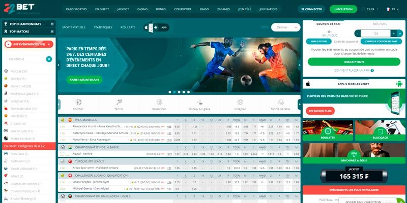 Capture d'écran de la page sportive 22bet
