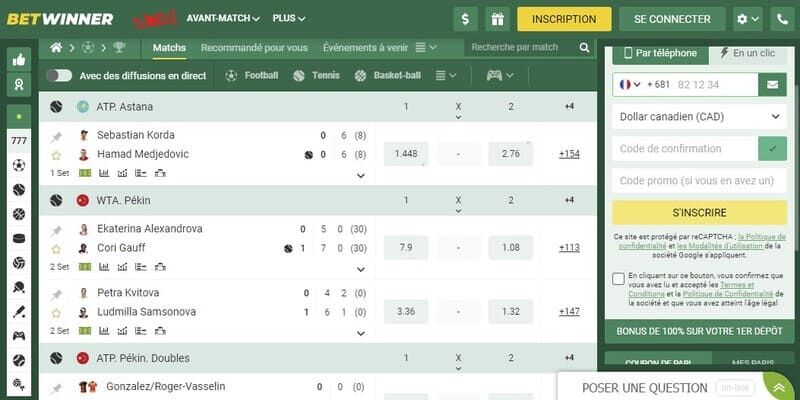 Capture d'écran de la page sportive BetWinner