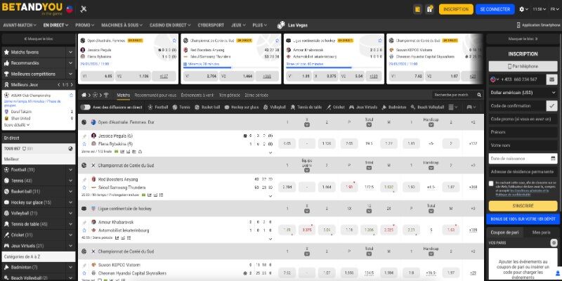 Capture d'écran de la page sportive BetAndYou