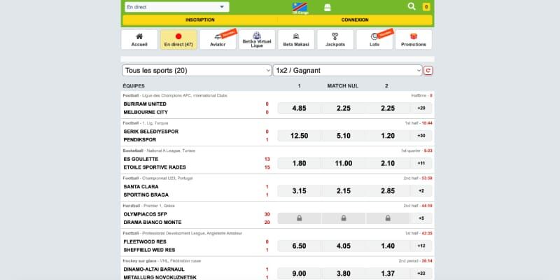 Capture d'écran de la page sportive Betika