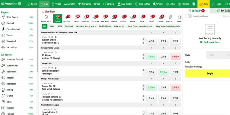 Capture d'écran de la page sportive Premier Bet