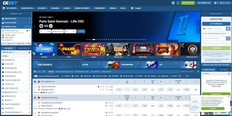 Image de la page sportive sur 1xbet