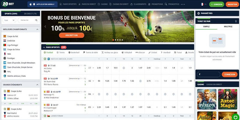 Capture d'écran de la page sport de 20bet