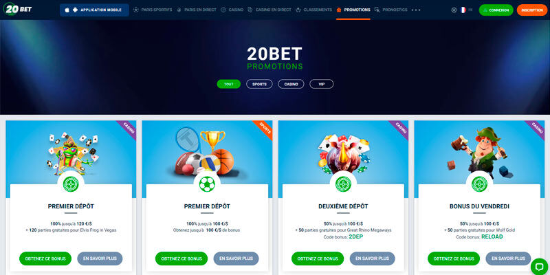 Capture d'écran de la page promotionnelle de 20Bet