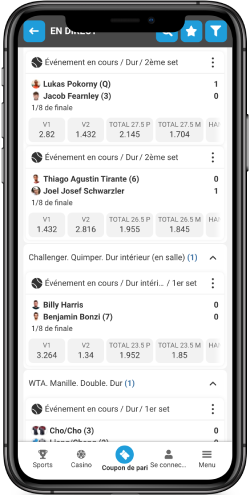 Capture d'écran mobile d'une page de sport avec les cotes de Megapari