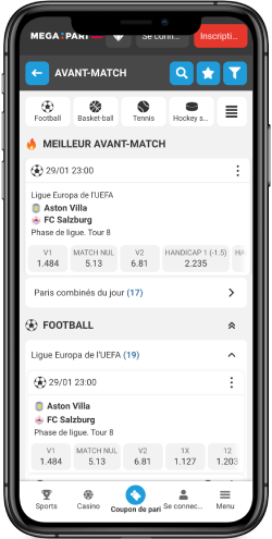 Capture d'écran mobile de la page sportive de Megapari