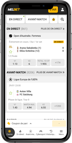 Capture d'écran mobile de la page sportive de MelBet