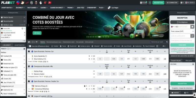 la capture d'écran de la page sport de PLANBET