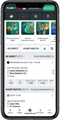 Capture d'écran mobile d'une page de sport avec les cotes de PLANBET