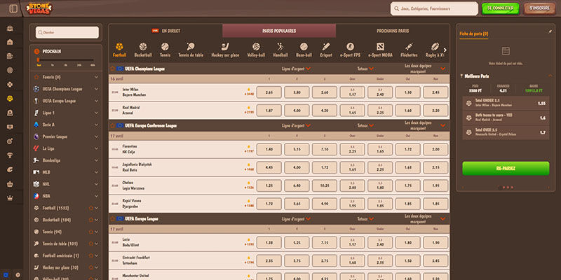 Capture d'écran de la page sportive de Stonevegas