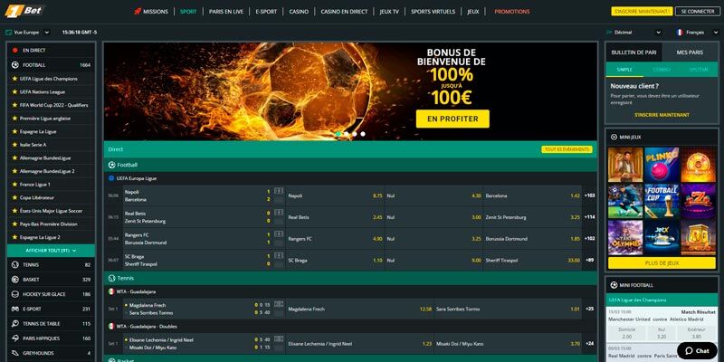 Capture d'écran de la page sports de 1Bet