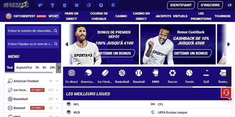 Capture d'écran de la page sports de Sportaza