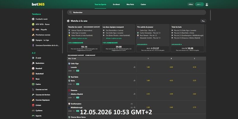 Capture d'écran de la page sports de bet365