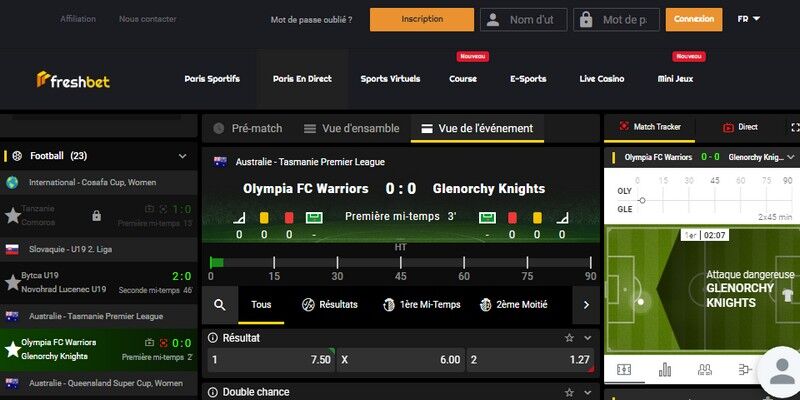 Capture d'écran de la page sports de Freshbet