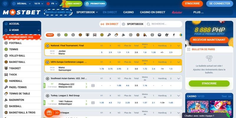Capture d'écran de la page sports de Mostbet