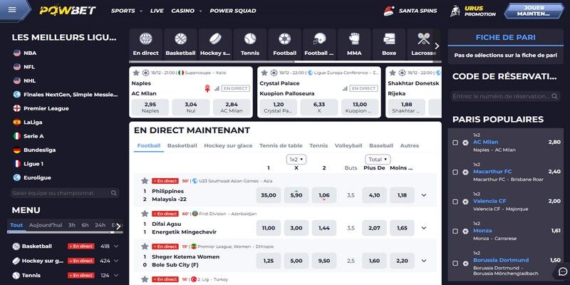 Capture d'écran de la page sports de Powbet