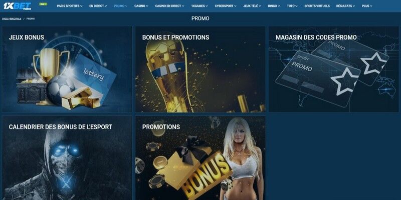 Capture d'écran de la page bonus du bookmaker 1xbet