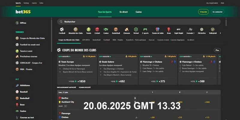 Capture d'écran de la page sportive du bookmaker bet365