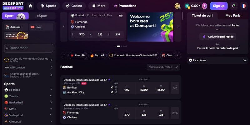 Capture d'écran de la page sportive du bookmaker Dexsport