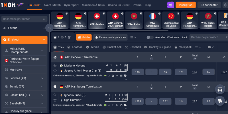 Capture d'écran de la page des sports du bookmaker 1xBit